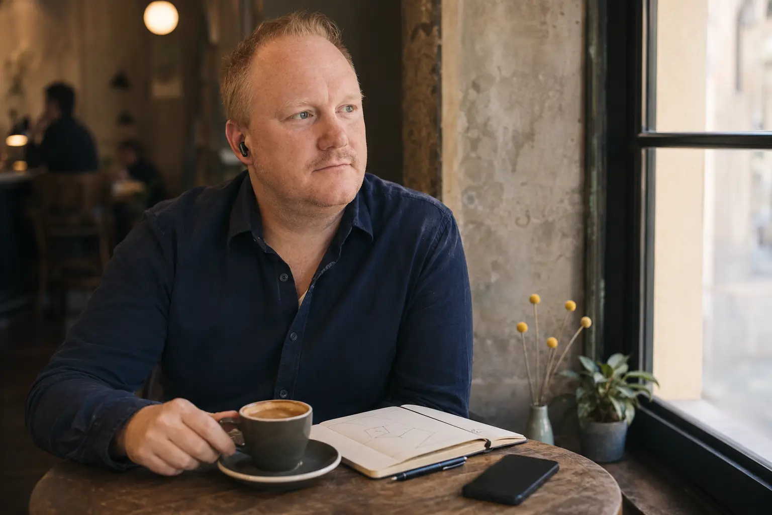 Tomáš Fekiač v restauraci s notebookem a zápisníkem